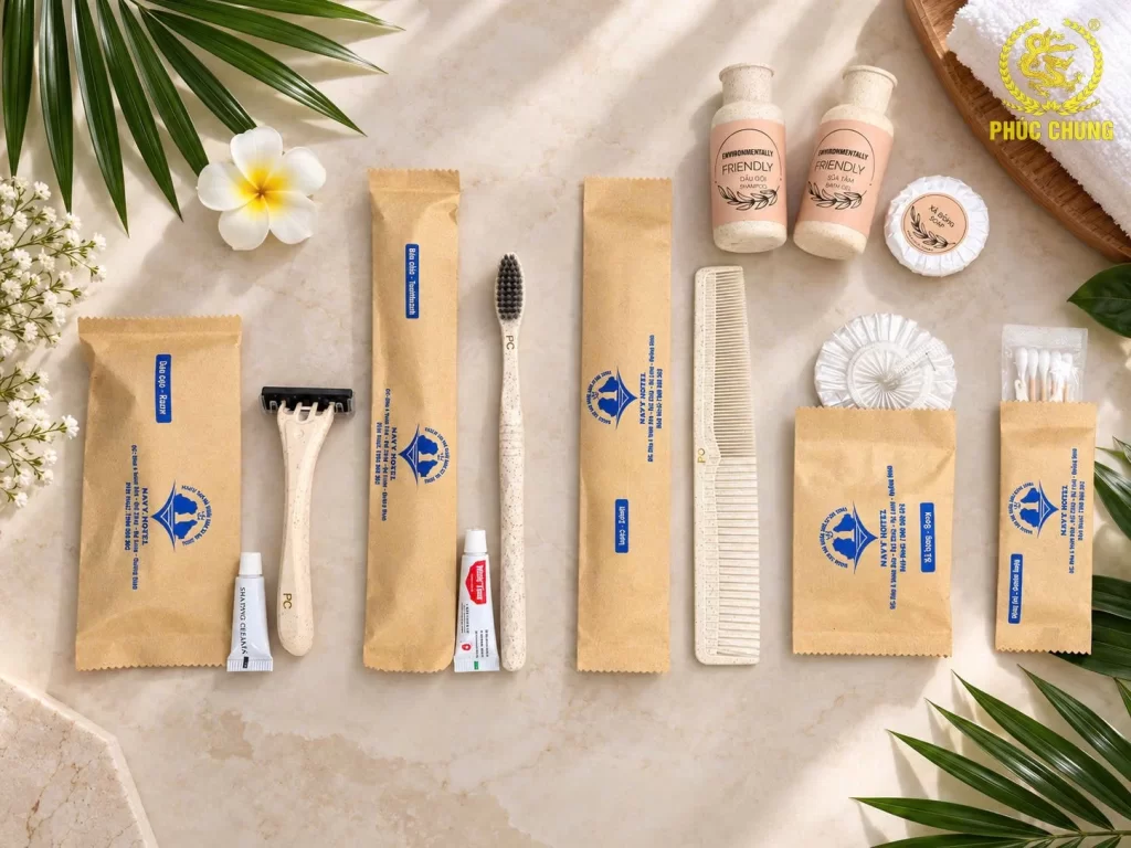 Bộ amenities khách sạn in logo – Giải pháp đồng bộ vật dụng phòng nghỉ