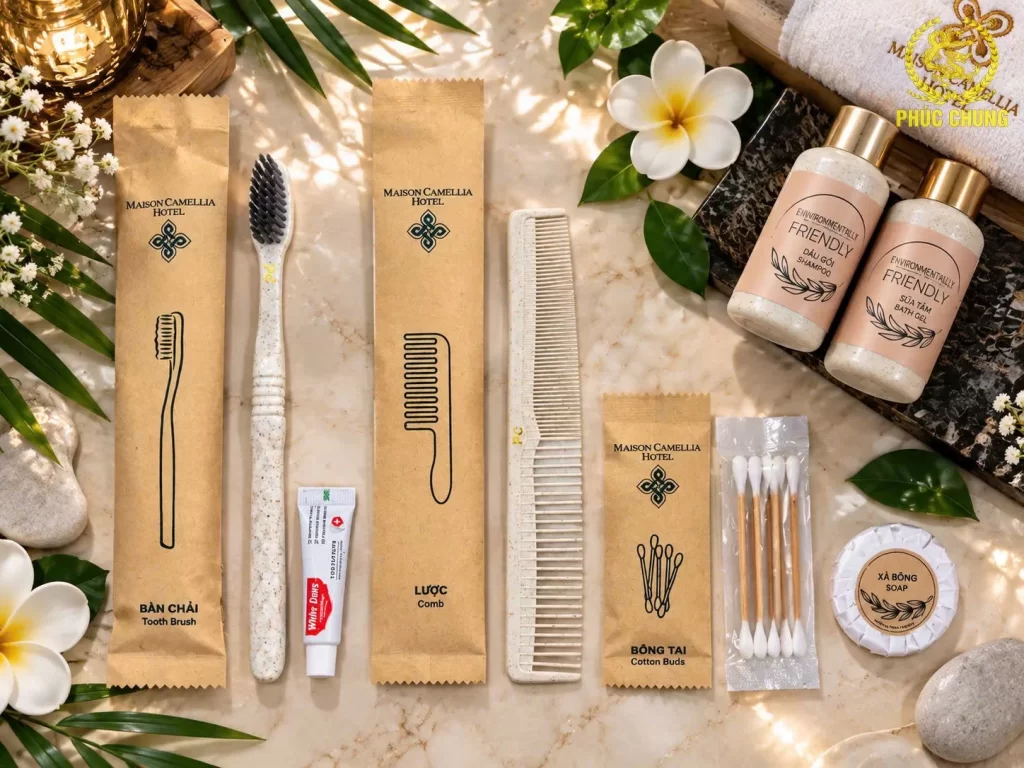 Bộ amenities khách sạn in logo riêng – Đồng bộ nhận diện thương hiệu