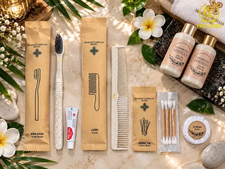 Bộ amenities khách sạn in logo riêng – Đồng bộ nhận diện thương hiệu