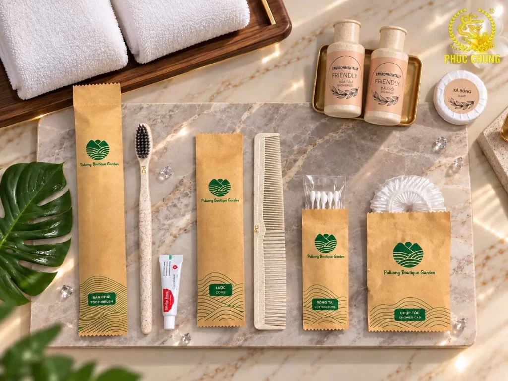 Bộ amenities khách sạn thân thiện, bao bì giấy kraft in logo theo yêu cầu